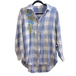PAPARAZZI Shirt Embroidered Floral Button Front Long Sleeve Y2K Raw Hem Medium